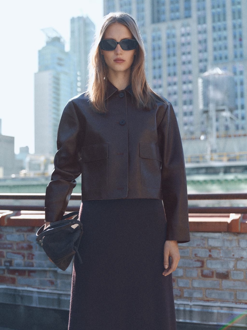 Mango Chocolate Brown Faux Leather Cropped Jacket